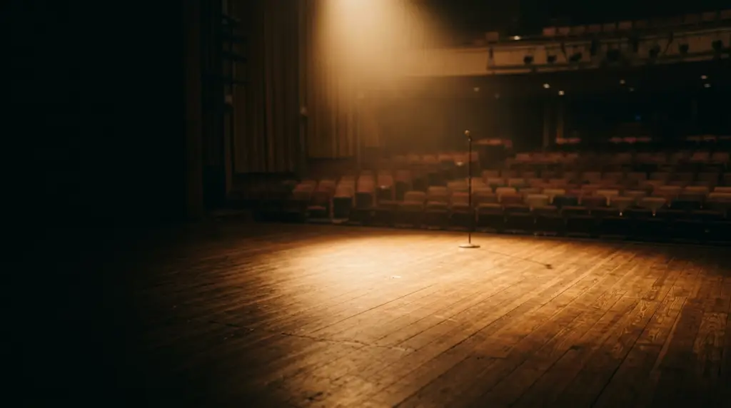 Escenario de teatro vacío con un único foco tras el final de una función